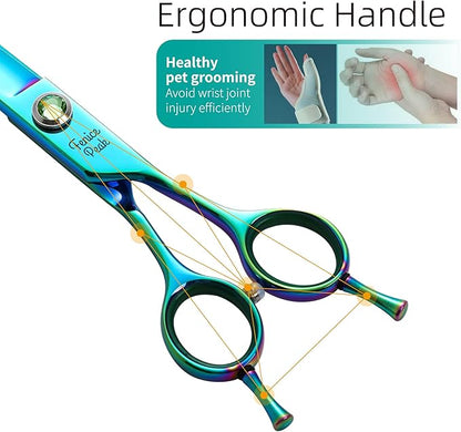 Fenice Peak 7.5'' Green Curved Dog Grooming Scissors Pet Shears with Ergonomic Offest Handle and Simulated Emerald Screw 440C Grooming Scissors Trimming Shears Durable and Sharp