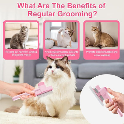 2PCS Flea Comb for Cats and Dogs with Pet Hair Remover Glove, Self Cleaning Pet Flea Cat Grooming Brush with Release Button for Massaging and Cleaning Shedding Pets Hairs