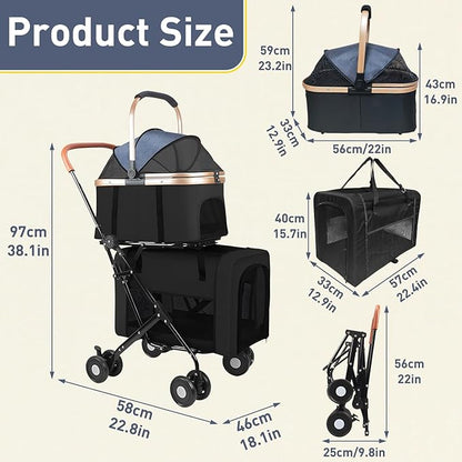 Double Pet Stroller for 2 Dogs or Cats, Folding Dog Stroller with 2 Detachable Carrier Bags, Safety Belt, 4 Lockable Wheels, Separate Compartments, for Multi-Pet Homes (Black)