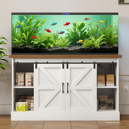 Fish Tank Stand Up to 75 Gallon, Aquarium Stand with Sliding Barn Doors & Power Outlet, White Farmhouse Style Stand with Cabinet Storage for Fish Tank, Turtle Tank, Reptile Terrarium,1000LBS Capacity