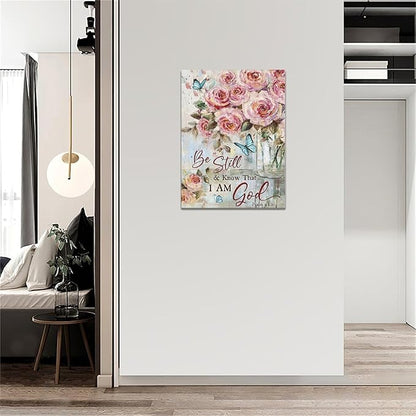 Farmhouse Rose Wall Art Christian Scripture Pictures Pink Rose Wall Decor Rustic Floral Butterfly Canvas Print Painting Artwork for Bathroom Living Room Bedroom 12"x16"