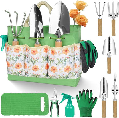 Gardening Tools 10-Piece Heavy Duty Stainless Steel Hand Tools with Durable Garden Tools Storage Tote,Rust-Proof Garden Tool Set, Ideal Gardening Gifts for Women Yellow Floral Pattern Design