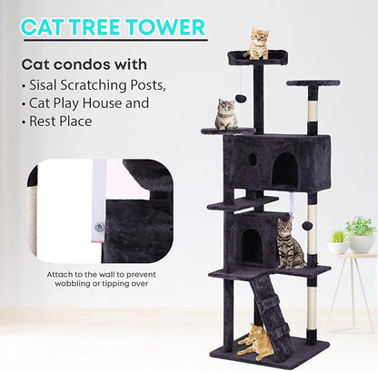 FDW Cat Tree 70in Cat Tower Multi-Level Durable Cat Scratching Post & Cozy Fun Cat Jumping Platform Space Saving Cat Condo Pet Play House for Indoor Cats,Ashy