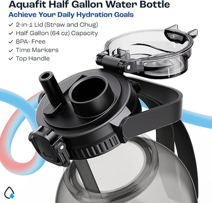 AQUAFIT 64 oz Water Bottle with Time Marker - 2in1 Straw & Chug Lid - BPA Free Big Water Bottle with Straw - Gym Water Bottle with Strap - Water Jug (64 Ounces, Purple Haze)