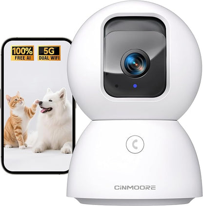 3K Pet/Dog/Cat Camera with Phone App, No-Subscription Local Person/Pet/Face Detection, 5G Security Camera Indoor, PTZ WiFi Cameras for Home Security, 0-Glow Night Vision, Full Duplex Audio