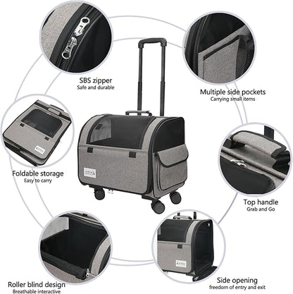 Dog Travel Bag with Removable Rolling Wheels, Airline Approved Pet Carrier, Foldable Cat Bag with Breathable Mesh, Pet Stroller(Grey)