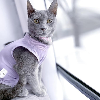 DOTON Cat Recovery Suit for Male and Female Surgical Post Surgery Soft Cone Onesie Shirt Clothes Neuter Licking Protective Diapers Outfit Cover Kitten Spay Collar(M, Purple)