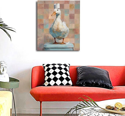 Funny Duck Bathroom Wall Art Cute Duck on Toilet Canvas Wall Decor Funny Quirky Farm Animal Pictures Painting Print Framed Artwork Decorations Gifts for Bathroom 20"x24"