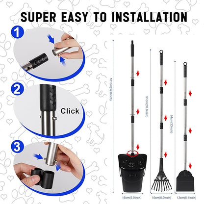 Dog Poop Scooper with 20 Bag Attachment Long Handle Swivel Bin, Rake & Spade Heavy Duty Easy to Clean Pooper Scooper for Large Medium Dogs Pet Waste Removal Solution for Yard, Grass, Gravel