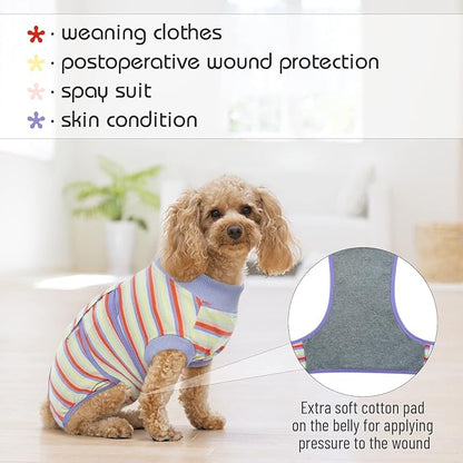 FUAMEY Recovery Suit for Dogs After Surgery,Soft Breathable Dog Bodysuit E-Collar & Cone Alternative Surgical Suit,Male Female Dog Neuter Spay Suits Anti Licking Wounds Onesie Purple Stripes XS