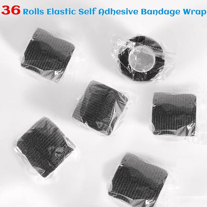 36 Rolls Elastic Self Adhesive Bandage Wrap 2 Inch, Breathable Non Woven Cohesive Bandage, Vet Wrap for Dogs, Ankle Sprains Swelling Medical First Aid Tape, Sports Athletic Tape Black
