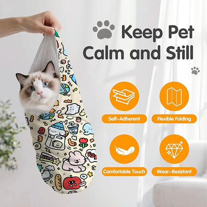 27.6" Large Cat Grooming Wrap, Cat Grooming Supplies, Cat Wrap for Cutting Nails, Self-Adhesive Cat Grooming Bag for Cats Within 15lbs Cat Restraint for Nail Clipping, Medicine Taking(Yellow)