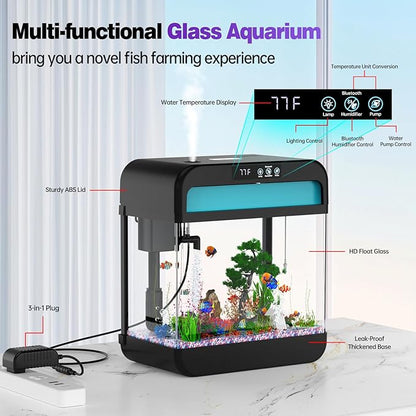 Fish Tank 2.2 Gallon Fish Aquarium with Music Humidifier 7 Color Auto-Looping Light Adjustable Water Pump with Filtration & Aeration & Circulation, Temperature Display, Bottom Water Changer