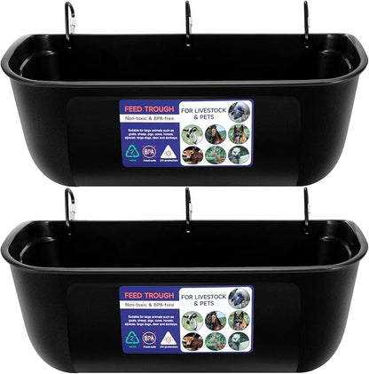 Goovilla Large Feed Trough, Hanging or Screw-in Fence Feeder with Clips, 2 Pack 9 Quart Goat Feeder Supplies, Dog Horse Hog Pig Livestock Poultry Plastic Feeder Trough Bucket for Large Animal, Black
