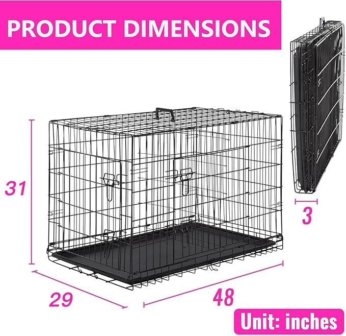 FDW Dog Crate for Large Dogs 48 Inch Folding Metal WirePet Cage Double Door W/Divider Panel Indoor Outdoor Kennel Leak-Proof Plastic Tray,Black