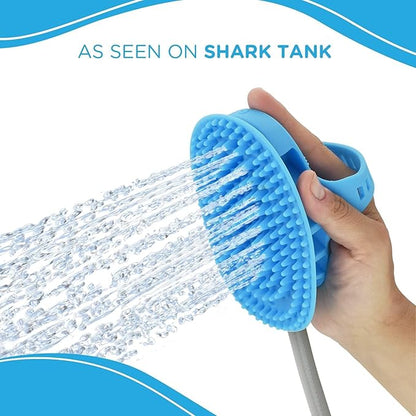 Aquapaw 5-in-1 Horse & Dog Bath Brush & Curry Comb - XL Blue Silicone - Includes 3-ft Shower Hose Attachment & Adapter - Adjustable Spray Scrub Massager - Dog Grooming Supplies