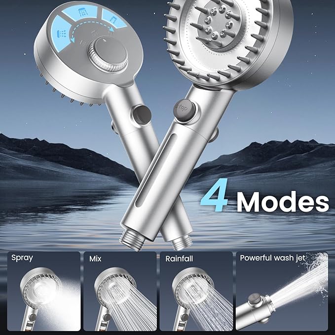 Filtered Shower Head with Handheld, High Pressure 4 Spray Mode Showerhead with Filters, Water Softener Beads for Hard Water with ON/OFF Switch for Pets - Remove Chlorine (Silver, 5 inch Panel)