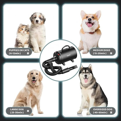 Dog-Hair-Dryer, 5.2HP/ 3800W High Velocity Pet Blow Dryer with Heater for Grooming, Speed Temperature Adjustable Dog Blower Grooming Dryer with 4 Nozzles