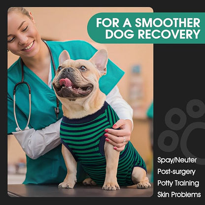 FUAMEY Recovery Suit for Dogs After Surgery,Soft Breathable Dog Bodysuit E-Collar & Cone Alternative Surgical Suit,Male Female Dog Neuter Spay Suits Anti Licking Wounds Onesie Green Black Stripes L