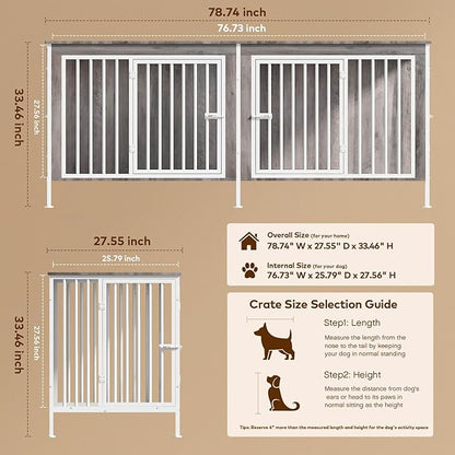 78 Inch Dog Cage Furniture for 2 Large/Medium Dogs with Removable Divider, Extra Large Double Doors Dog Kennel, XXL Thick Wooden Dog cage Furniture, Durable and Sturdy, Beige