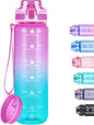 32oz Motivational Water Bottles with Time Marker & Fruit Strainer, Transparent Gradient Color Water Bottle with Times to Drink, Leakproof & BPA Free, Reusable Bottle with Strap (No Straw)