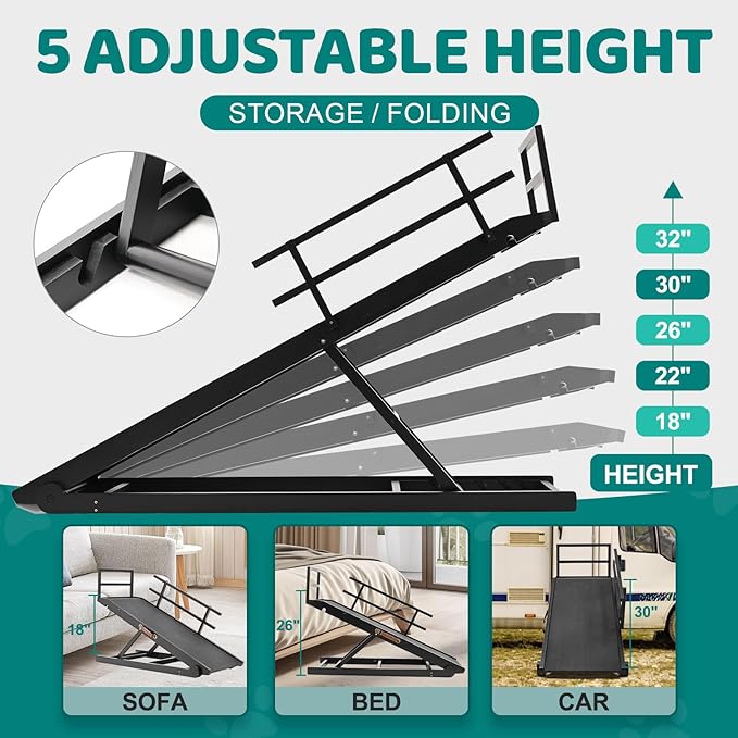 Dog Ramp for Bed, Adjustable Pet Ramps for Dog to Get on Bed, Non-Slip Rubber Surface - Folding Wooden Dog Ramp for Small/Large/Old Dogs, Adjustable up to 31 inch High Beds, Safety Railings