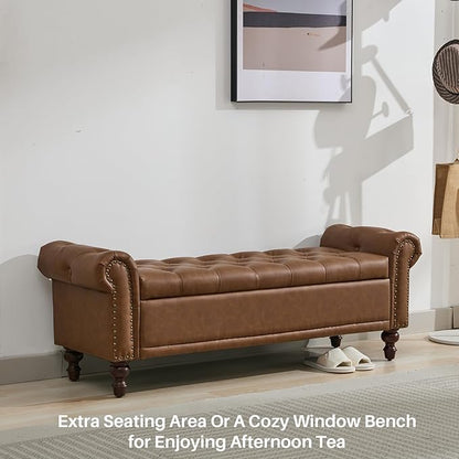 58.1'' Storage Bench Upholstered PU Leather End of Bedroom Bed Bench Ottoman with Tufted Cushioned Rolled Arm Large Storage Space for Reading Living Room Entryway, Brown