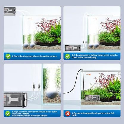 Fish Tank Air Pump,Ultra-Silent/Small Size/More Output Aquarium Air Pump 2w/57GPH/18Kpa,with Air Stone Bubbler,Adjustable Airflow,Dual Outlet,Suitable for 40-60 Gallon Fish Tank