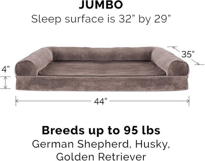 Furhaven Cooling Gel Dog Bed for Large Dogs w/ Removable Bolsters & Washable Cover, For Dogs Up to 95 lbs - Faux Fur & Velvet Sofa - Driftwood Brown, Jumbo/XL