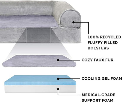 Furhaven Cooling Gel Dog Bed for Large Dogs w/ Removable Bolsters & Washable Cover, For Dogs Up to 95 lbs - Faux Fur & Velvet Sofa - Smoke Gray, Jumbo/XL