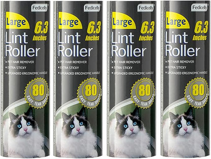Fedicelly Large Lint Rollers Pet Hair Extra Sticky Refills,Mega Value Set 6.3 inches Wider with 320 Sheets for Cat and Dog Hair Removal,80 Sheets Per Roller