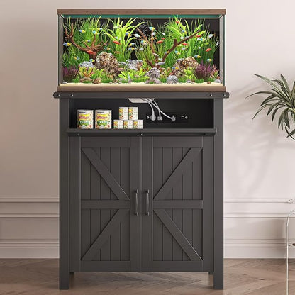 20 Gallon Aquarium Stand With Charging Station, Farmhouse Fish Tank Stand, Reptile Tank Stand Terrarium Stand with Drawer and Cabinet Storage, Sturdy Heavy Duty 27.6"×15.7" Tabletop - Black
