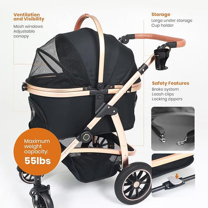 3 in 1 Pet Stroller - Stroller for Small to Medium Dogs and Cats up to 55 lbs, with Detachable Carrier/Car Seat, Foldable and Lightweight, Detachable Cushion + Cup Holder (Black/Gold)