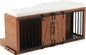 56" L Dog Crate Furniture with Padded Seat, End of Bed Bench Ottoman with Cushion, Wooden Dog Kennel with Pet Stairs & Sliding Barn Door for Bedroom, Living Room, Walnut
