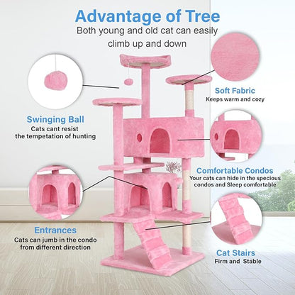 FDW Cat Tree 54in Cat Tower Multi-Level Durable Cat Scratching Post & Cozy Fun Cat Jumping Platform Space Saving Cat Condo Pet Play House for Indoor Cats,Pink