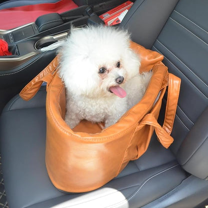 2 and 1 Center Console Dog Car Seat & Carrier for Small Dogs, Large Leather Dog Car Bed with Storage Pocket, Waterproof PVC Leather Seat Travel Bed for Front & Back Seat, Clip-On Safety Leash