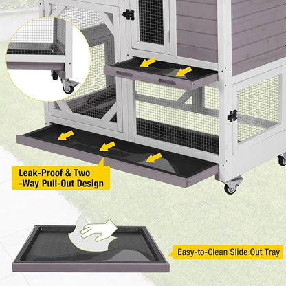 AIVITUVIN 2-Story Rabbit Hutch Indoor for 2-4 Rabbits & Guinea Pigs Wooden Small Animal Cage Guinea with Chew-Proof Design & Slide-Out Trays Bunny Cage with Lockable Wheels