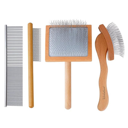 Ergonomic Slicker Brush for Long-Haired Dogs - Wooden Handle, Long Pins for Grooming Goldendoodles