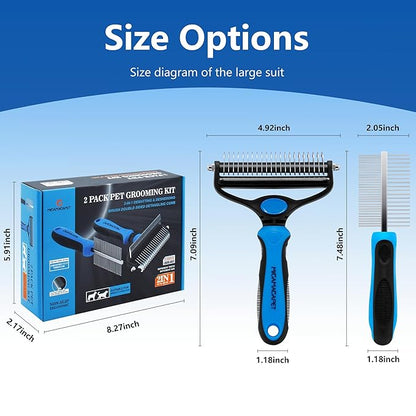 2-in-1 Shedding Brush and Detangling Comb Combo,Stripping Brush for Medium and Large Dogs, Dog and Cat Grooming Comb, 22 Stainless Steel Teeth Remove Tangled Hair, Pet Grooming Tools-large