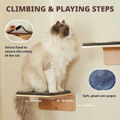 2 Set Cat Wall Steps - Wooden Cat Climbing Shelf for Wall - Cats Wall Stairs with Scratching Mat - Wall Mounted Cats Furniture for Jumping, Playing, and Lounging