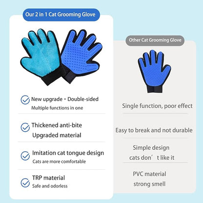 2 in 1 Cat Grooming Glove, Double-Sided Use Pet Hair Remover Glove, 1 Side is Gentle Grooming for Dogs, Cats, the Other is Effective Hair Remover for Furniture, Clothing (Light Blue, Right-Hand)