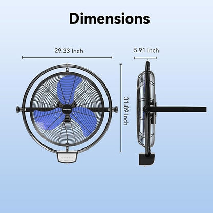 20 Inch Wall Metal Fan Pro Series Remote Control, High Velocity Wall Mount Fans for Commercial, Residential, Warehouse, Covered Patio, Shop, Garage, Barn 3 Speed 5200 CFM UL Safety Listed