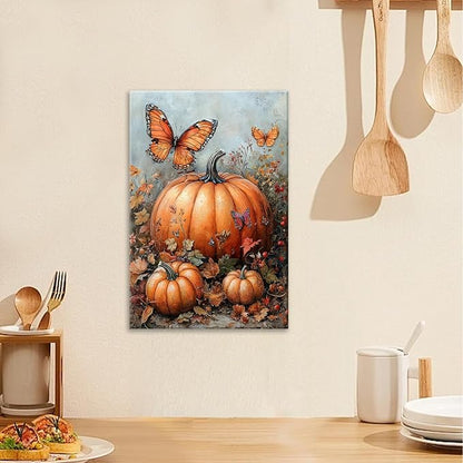 Fall Pumpkin Pictures Wall Art, Rustic Thanksgiving Bathroom Wall Decor, Farmhouse Autumn Butterfly Framed Painting Canvas Artwork for Harvest Gift Bedroom Living Room Decorations 24"L x 16"W