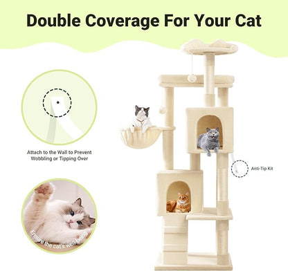 Allewie 64 Inches Cat Tree Tower/Multi-Level Activity Center for Indoor Big Felines/2 Plush Condos/2 Perchs/Basket/House/Sisal Scratching Posts/Hanging Cat Toys/Beige