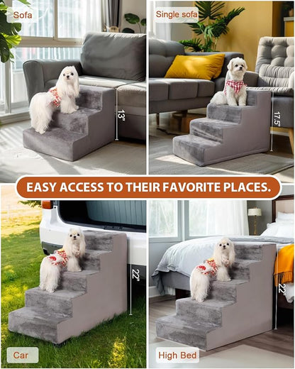 Dog Stairs for Small Dogs,17.5" 4-Step Pet Stairs for High Beds and Couches，Dog Steps with Non-Slip Bottom and High-Density Foam Indoor Outdoor,Grey