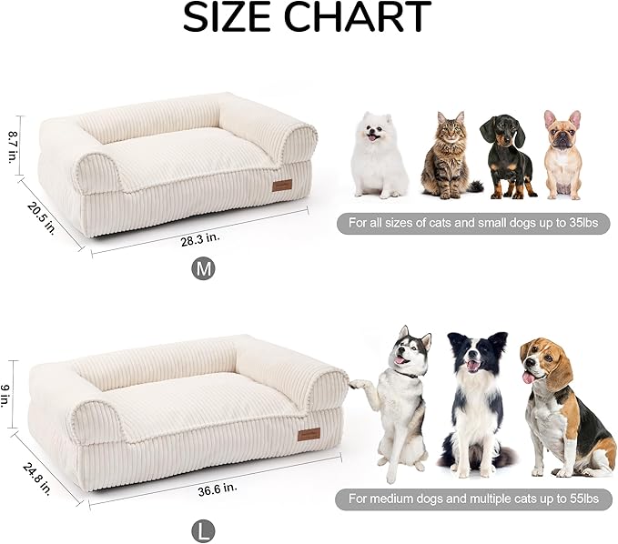 FUKUMARU Dog Couch Bed, Corduroy Cozy Cat Bed for Indoor Cats with Washable Cover, Supportive Waterproof Dog Beds Sofa for Small Dogs and Large Cats Cute, 28inch, Medium, Cream