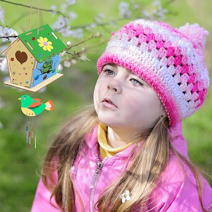 Fennoral 12 Pack Bird House Craft Kit for Kids Make You Own Bird Wind Chime Kit DIY Build and Paint Wooden Birdhouses Bird Feeder Art and Craft for Spring Yard Garden Outdoor Decoration