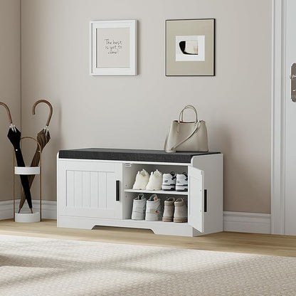 2-Tier Storage Bench, Shoe Bench with Thickened Padded Seat Cushion, Entryway Bench with 2 Doors, Adjustable Shelf, 13.8" D x 37.4" W x 18.5" H, for Entryway, Living Room, Bedroom, White
