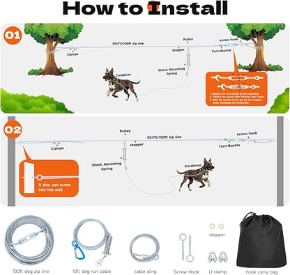 100ft Dog Runner for Yard Large Dog Heavy Duty with Double Shock Absorbers Tangle-Free Aerial Trolley System for Large Dogs Up to 250lbs (Orange)