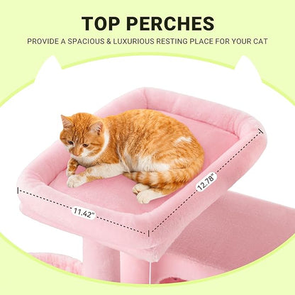 Allewie 64 Inches Cat Tree Tower/Multi-Level Activity Center for Indoor Big Felines/2 Plush Condos/2 Perchs/Basket/House/Sisal Scratching Posts/Hanging Cat Toys/Pink